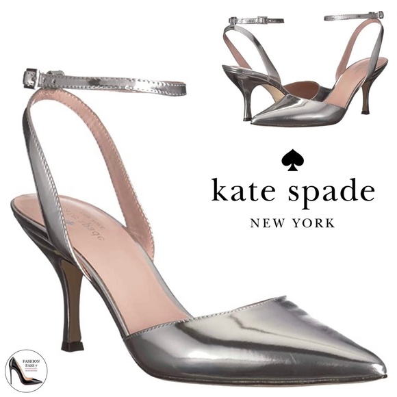 KATE SPADE Simone Pointed-toe Ankle-strap Leather Pumps Silver Dress Shoes 7.5 - Picture 4 of 9